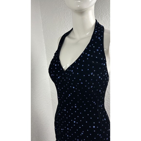 Vtg 80s Blue Velvet Dress Halter Studded Ruffle Hem Holiday Party Formal Sz 4 - Picture 3 of 7
